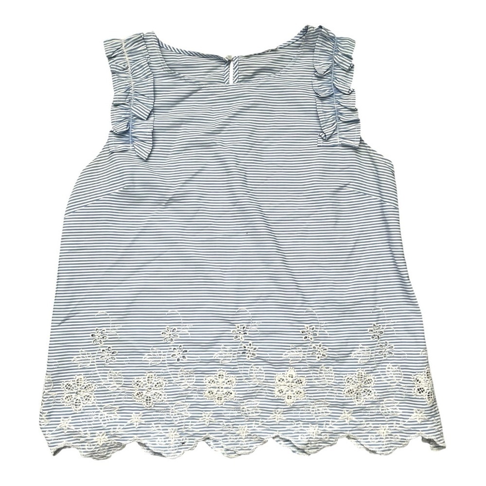 Blue and white striped embroidered floral scallop edge ruffle tank